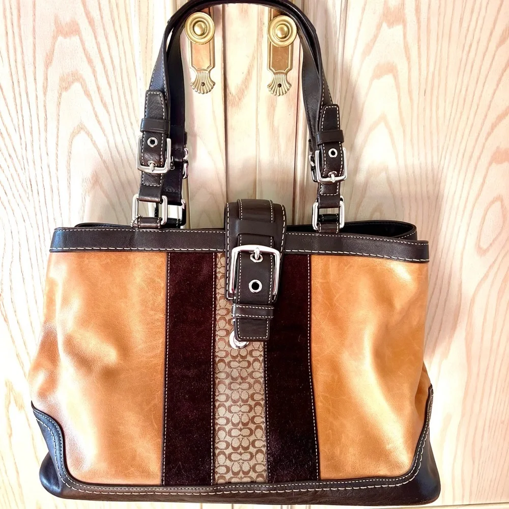 Coach Strip Brown & Tan Soft Leather Shoulder Bag